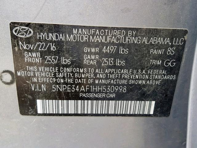 5NPE34AF1HH530998 - 2017 HYUNDAI SONATA SPO SILVER photo 10