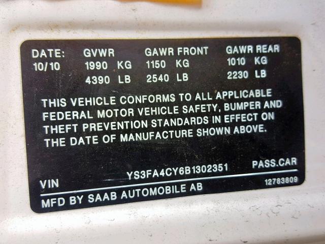 YS3FA4CY6B1302351 - 2011 SAAB 9-3 2.0T WHITE photo 10