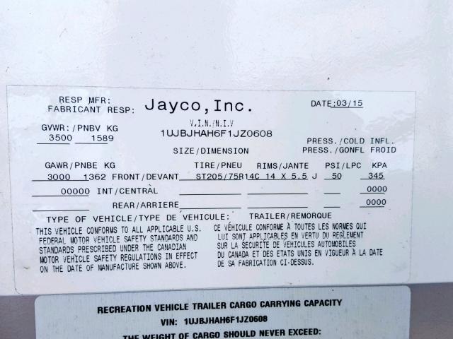 1UJBJHAH6F1JZ0608 - 2015 JAYCO JAYFEATHER  TAN photo 10