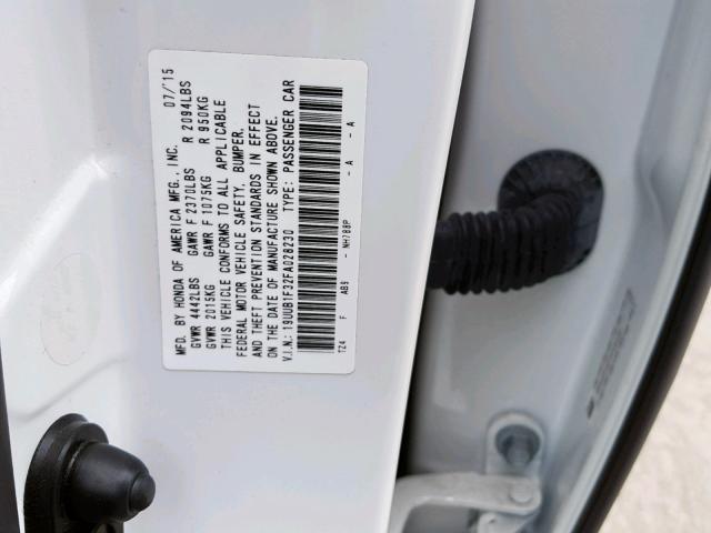 19UUB1F32FA028230 - 2015 ACURA TLX WHITE photo 10