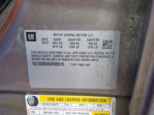 1G1ZC5E0XCF285918 - 2012 CHEVROLET MALIBU 1LT 石墨色 照片 10