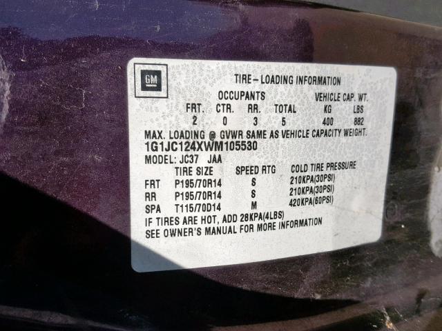 1G1JC124XWM105530 - 1998 CHEVROLET CAVALIER B PURPLE photo 10