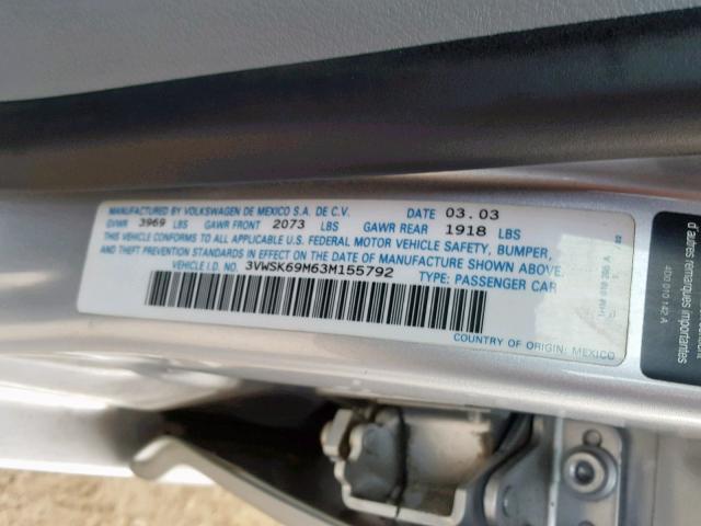 3VWSK69M63M155792 - 2003 VOLKSWAGEN JETTA GLS SILVER photo 10