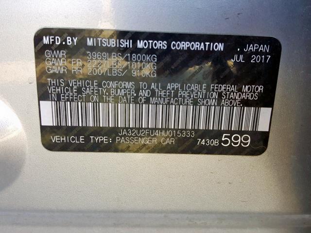 JA32U2FU4HU015333 - 2017 MITSUBISHI LANCER ES SILVER photo 10