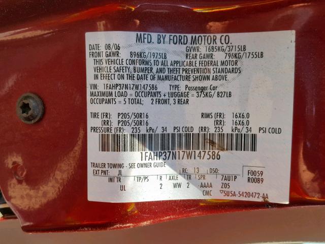 1FAHP37N17W147586 - 2007 FORD FOCUS ZX5 RED photo 10