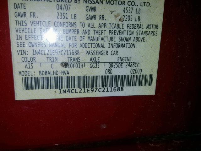 1N4CL21E97C211688 - 2007 NISSAN ALTIMA HYB MAROON photo 10