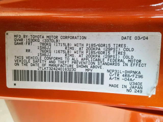 JTLKT324240163230 - 2004 TOYOTA SCION XB ORANGE photo 10