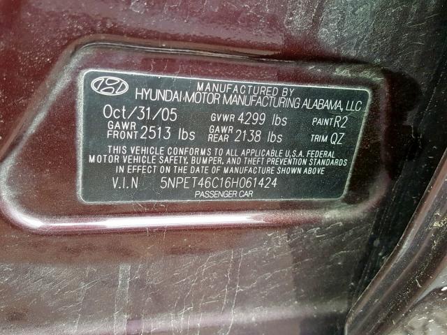 5NPET46C16H061424 - 2006 HYUNDAI SONATA GL BURGUNDY photo 10