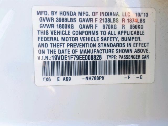 19VDE1F79EE008828 - 2014 ACURA ILX 20 TEC WHITE photo 10