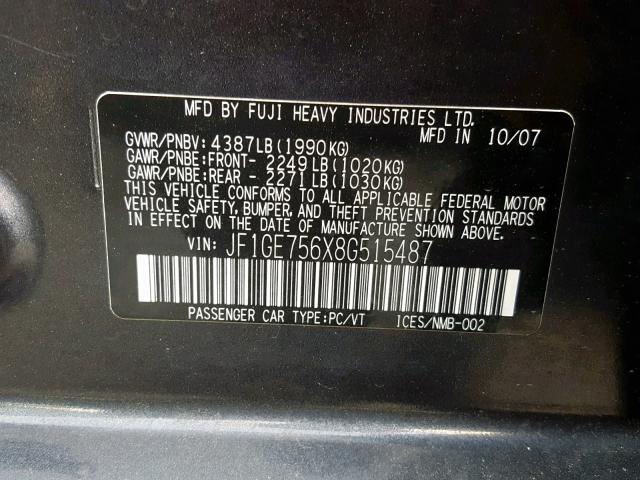 JF1GE756X8G515487 - 2008 SUBARU IMPREZA WR GRAY photo 10