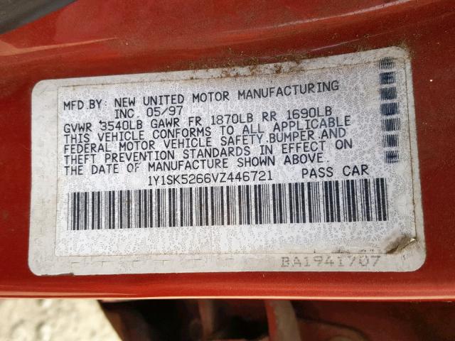 1Y1SK5266VZ446721 - 1997 GEO PRIZM BASE 红色 照片 10