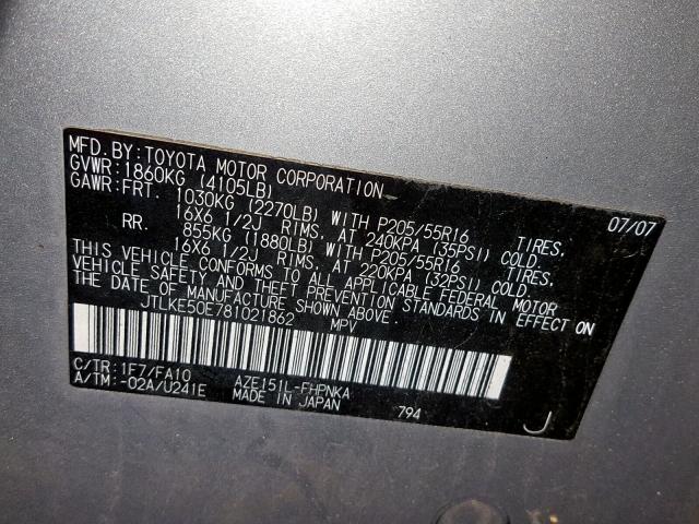 JTLKE50E781021862 - 2008 SCION XB 银色 照片 10