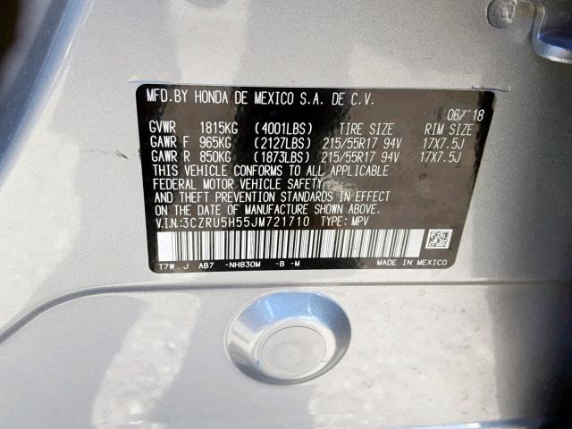 3CZRU5H55JM721710 - 2018 HONDA HR-V EX SILVER photo 10