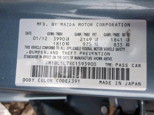 JM1BL1L7XC1593900 - 2012 MAZDA 3 I TEAL photo 10