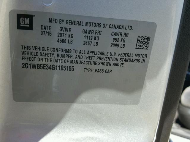 2G1WB5E34G1105166 - 2016 CHEVROLET IMPALA LIM SILVER photo 10