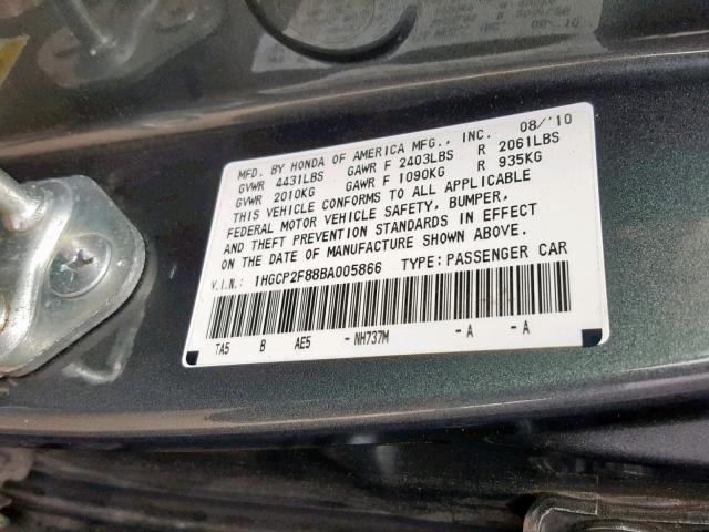 1HGCP2F88BA005866 - 2011 HONDA ACCORD EXL GRAY photo 10