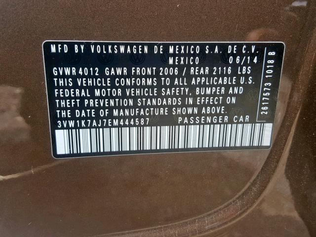 3VW1K7AJ7EM444587 - 2014 VOLKSWAGEN JETTA BASE BROWN photo 10