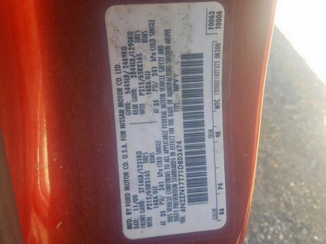 4N2ZN17T71D803474 - 2001 NISSAN QUEST GLE RED photo 10