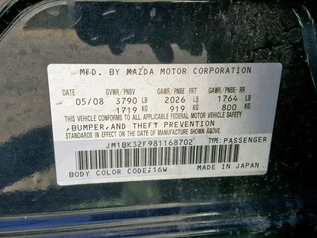 JM1BK32F981168702 - 2008 MAZDA 3 I GRAY photo 10