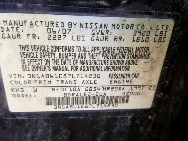 3N1AB61E87L714230 - 2007 NISSAN SENTRA 2.0 BLACK photo 10