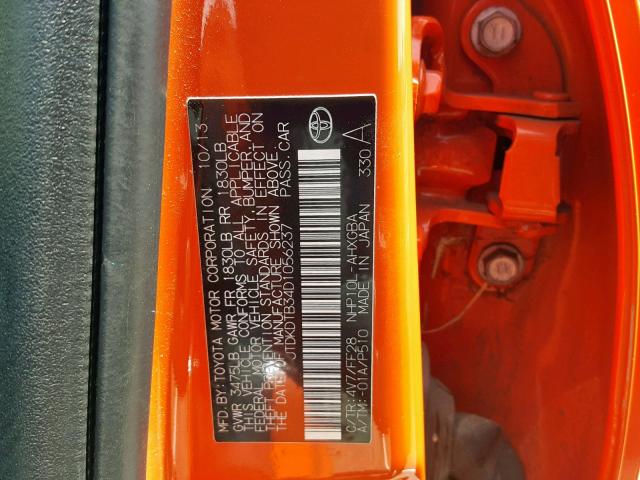 JTDKDTB34D1056237 - 2013 TOYOTA PRIUS C ORANGE photo 10