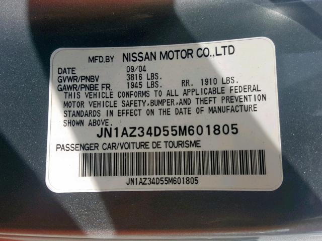 JN1AZ34D55M601805 - 2005 NISSAN 350Z COUPE GRAY photo 10