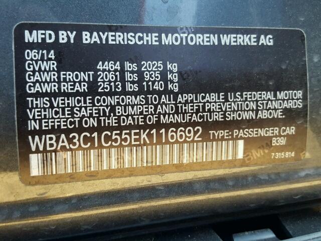 WBA3C1C55EK116692 - 2014 BMW 328 I SULE CHARCOAL photo 10