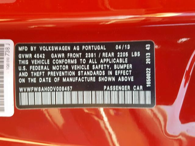 WVWFW8AH0DV008457 - 2013 VOLKSWAGEN EOS LUX 红色 照片 10