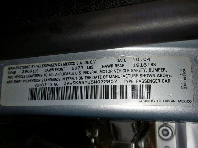 3VWSK69M15M072807 - 2005 VOLKSWAGEN JETTA GLS SILVER photo 10