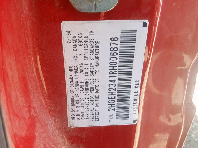 2HGEH2341RH006876 - 1994 HONDA CIVIC CX RED photo 10