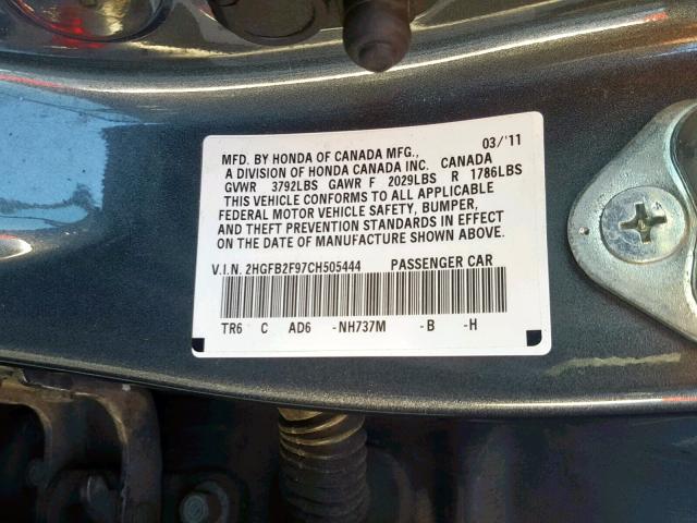 2HGFB2F97CH505444 - 2012 HONDA CIVIC EXL GRAY photo 10