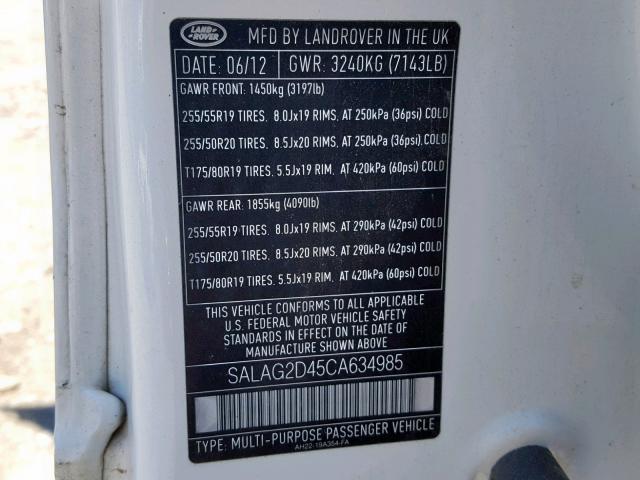 SALAG2D45CA634985 - 2012 LAND ROVER LR4 HSE WHITE photo 10