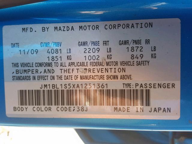 JM1BL1S5XA1251361 - 2010 MAZDA 3 S BLUE photo 10