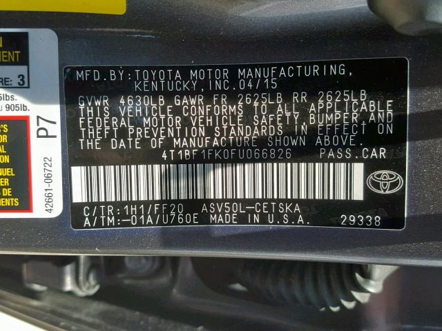 4T1BF1FK0FU066826 - 2015 TOYOTA CAMRY LE GRAY photo 10