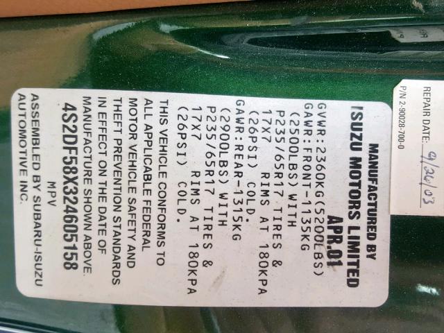 4S2DF58X324605158 - 2002 ISUZU AXIOM XS Yaşıl foto 10