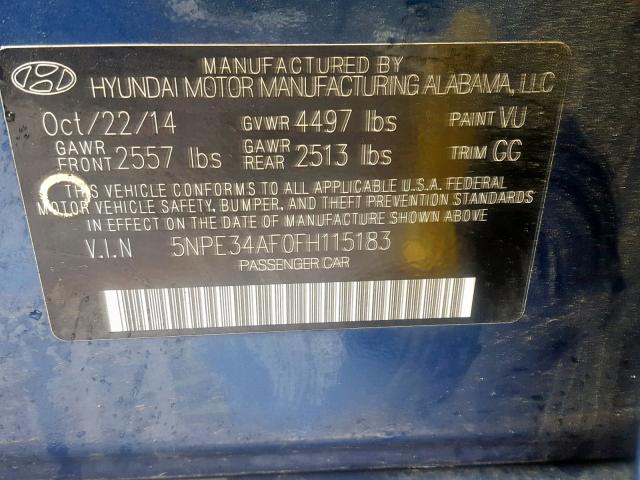 5NPE34AF0FH115183 - 2015 HYUNDAI SONATA SPO BLUE photo 10