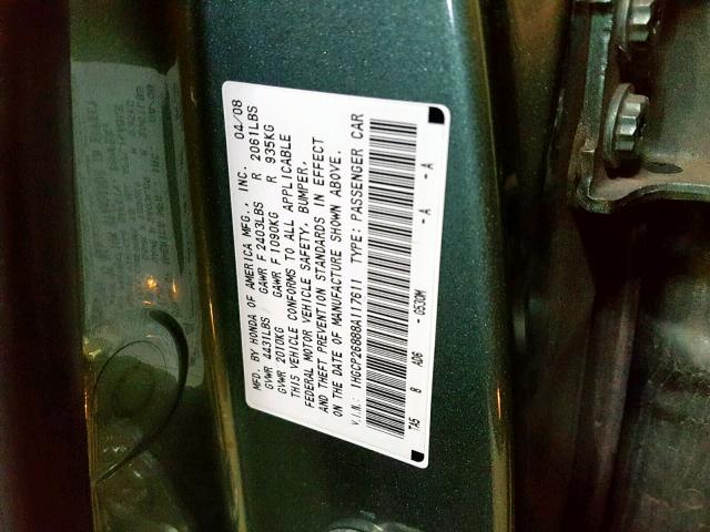 1HGCP26888A117611 - 2008 HONDA ACCORD EXL GREEN photo 10