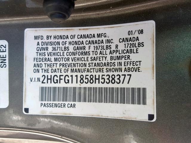 2HGFG11858H538377 - 2008 HONDA CIVIC EX SILVER photo 10