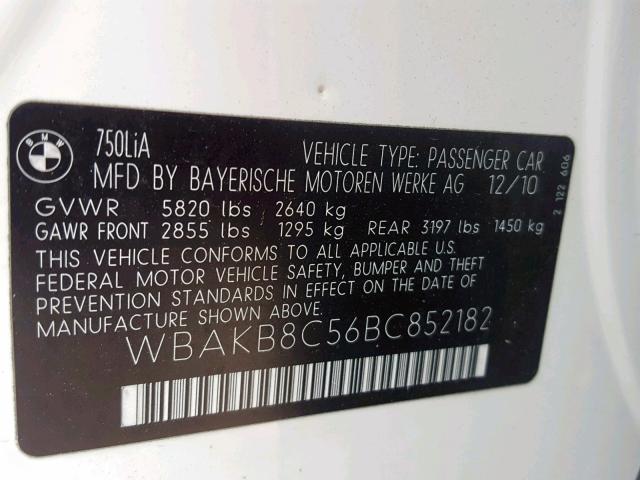 WBAKB8C56BC852182 - 2011 BMW ALPINA B7 WHITE photo 10