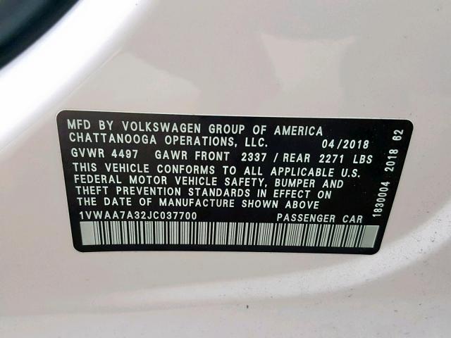 1VWAA7A32JC037700 - 2018 VOLKSWAGEN PASSAT S WHITE photo 10