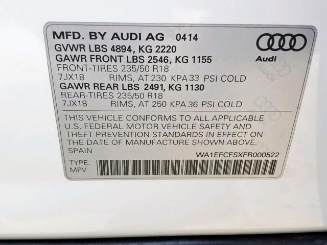 WA1EFCFSXFR000522 - 2015 AUDI Q3 PREMIUM WHITE photo 10