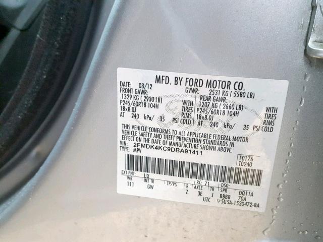 2FMDK4KC9DBA91411 - 2013 FORD EDGE LIMIT SILVER photo 10