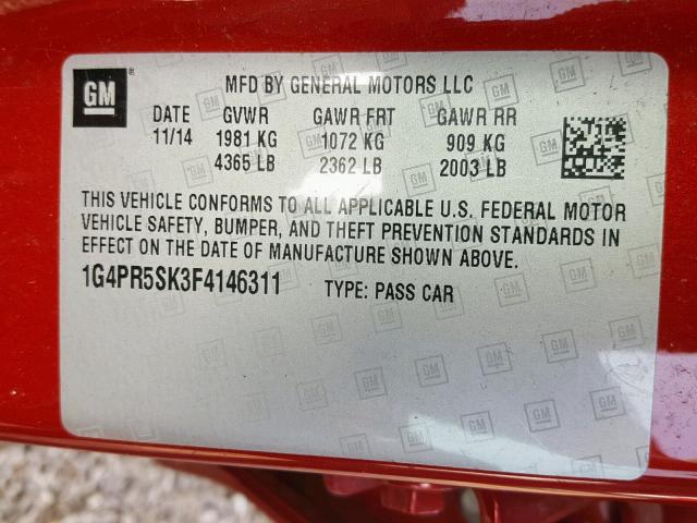 1G4PR5SK3F4146311 - 2015 BUICK VERANO CON RED photo 10