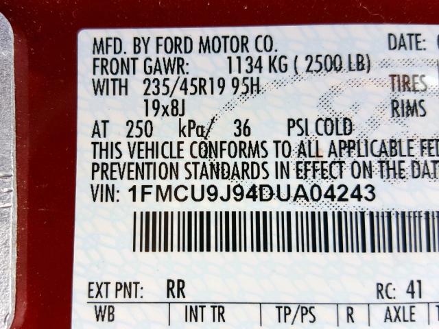 1FMCU9J94DUA04243 - 2013 FORD ESCAPE TIT RED photo 10