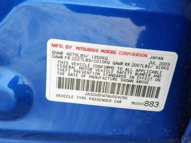 JA32U8FW7AU004286 - 2010 MITSUBISHI LANCER GTS BLUE photo 10