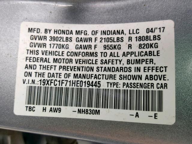 19XFC1F71HE019445 - 2017 HONDA CIVIC EXL 银色 照片 10
