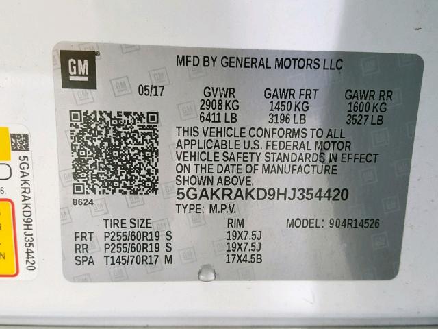 5GAKRAKD9HJ354420 - 2017 BUICK ENCLAVE WHITE photo 10