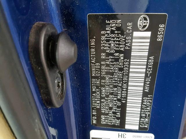 4T1BB46K19U109362 - 2009 TOYOTA CAMRY HYBR BLUE photo 10