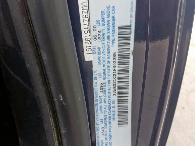 3VWBS21C21M403285 - 2001 VOLKSWAGEN NEW BEETLE BLUE photo 10