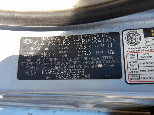 KNAFE121465343829 - 2006 KIA NEW SPECTR BLUE photo 10